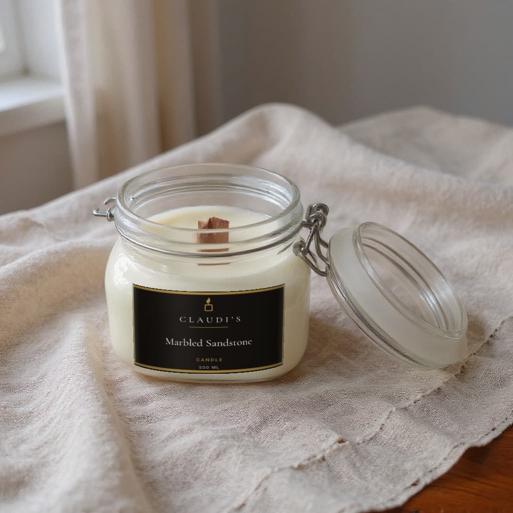 Marbled Sandstone — Flip Top Jar, 500ml · Cross-wooden wick — candle by Claudi's